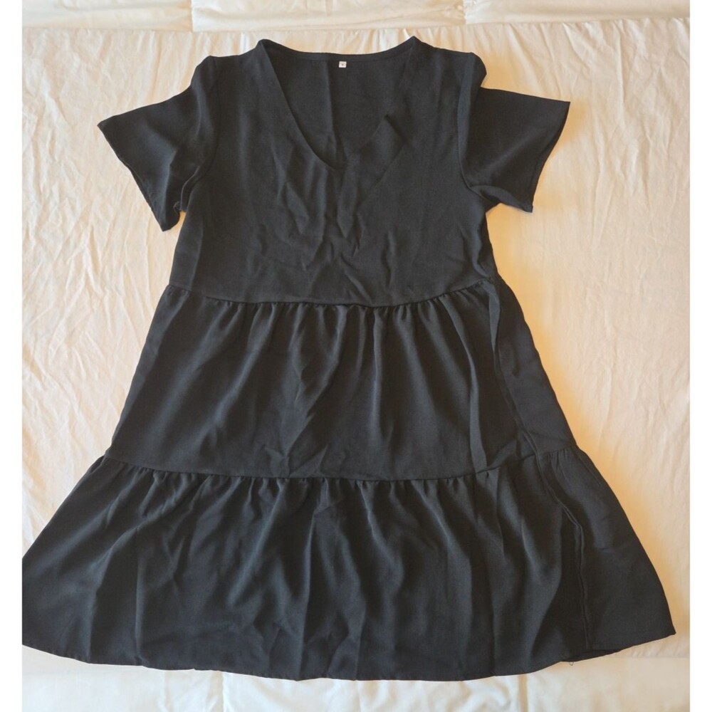 Women's Black Layered Ruffle Mini Dress V-Neck Short Sleeve Size S